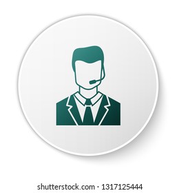 Green Man with a headset icon isolated on white background. Support operator in touch. Concept for call center, client support service. Green circle button. Vector Illustration