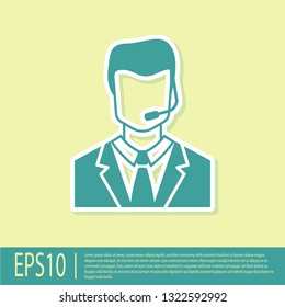 Green Man with a headset icon isolated on yellow background. Support operator in touch. Concept for call center, client support service. Flat design. Vector Illustration