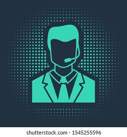 Green Man with a headset icon isolated on blue background. Support operator in touch. Concept for call center, client support service. Abstract circle random dots. Vector Illustration