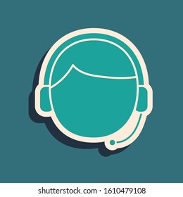 Green Man with a headset icon isolated on blue background. Support operator in touch. Concept for call center, client support service. Long shadow style. Vector Illustration