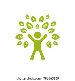 Green man silhouette with leaves. Human tree. Isolated on white. Flat design. Vector flat illustration. Ecology thinking pictogram. Eco friendly. Go green concept. 