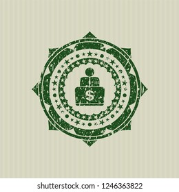 Green man working on computer icon inside distress rubber grunge texture stamp