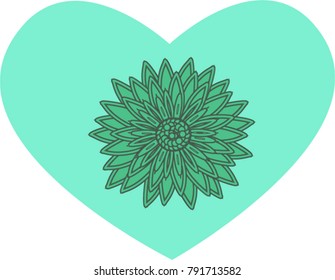 Green mandala flower on a background of a green heart