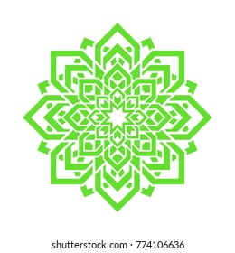 Green mandala flower. Vector yoga design element for teachers, meditation teachers, vegetarian, ecological establishments, alternative medicine. Eco round floral symbol