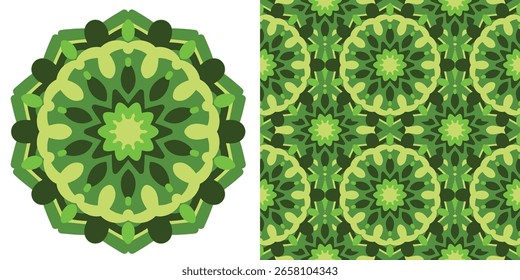 Patrón de mandala verde. Abstractas diseño de almohadilla de lirio. Diseño floral de la hoja. Fondo de Fondo de pantalla psicodélico repetitivo. Hojas de bosque circulares. Almohadilla de lirio de dibujos animados simétricos. Ilustración vectorial, EPS 10.
