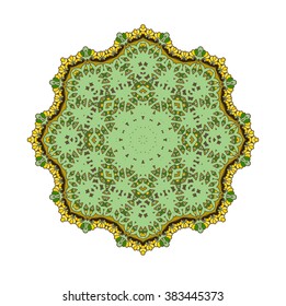 Green mandala . Round ornament pattern isolated on background. Raster version