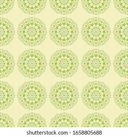 Green mandala seamless pattern for wallpaper, wrapping and textile. Contemporary motif endless fabric for tile.