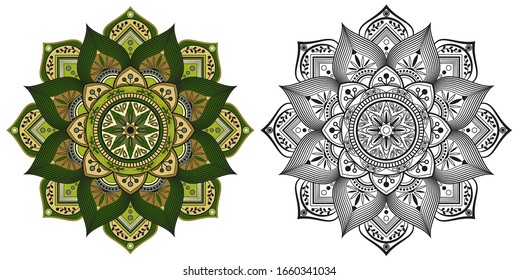 Green mandala. Traditional round ornament. ethnic pattern. Coloring and color. Vector geometric illustration isolated on white background.