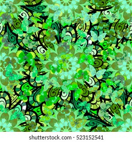Green mandalas floral background. Mix. Vector illustration.