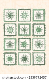 Green mandala-style decorative tile designs on a beige background poster. Vector hand drawn flat illustration.