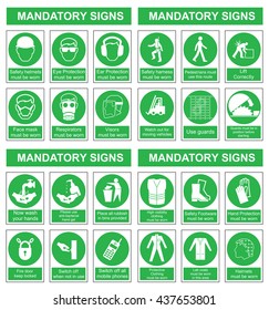 Green mandatory construction engineering and manufacturing health and safety sign set isolated on white background