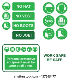 Green mandatory construction manufacturing and engineering health and safety sign and icon collection isolated on white background