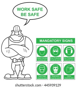 Green mandatory safety sign set with work safe be safe message isolated on white background