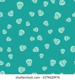Green Maneki neko cat icon isolated seamless pattern on green background. Japan lucky charm.  Vector Illustration