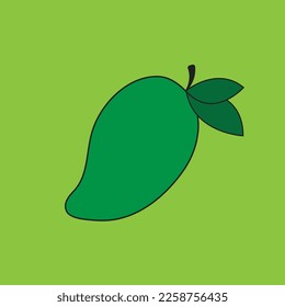 Green mango fruit with green leaf isolated on green background. Icon vector illustration.