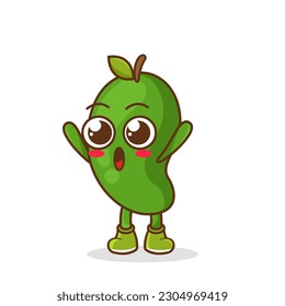 green mango fruit raise hands up. Illustration of a cute green mango character who is pleased with both hands raised