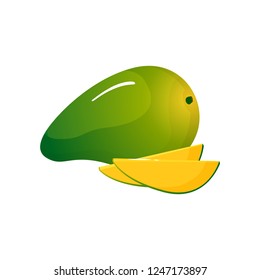 Green mango isolated on white background. Bright vector illustration of colorful half and whole of juicy mango. Fresh cartoon