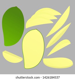 Green Mango vector illustration set. Whole, sliced and halved Green Mango graphics.
