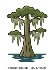 Green mangrove tree growing in shallow water with exposed aerial roots.
