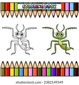 Green mantis cartoon posing for coloring book