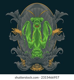 green mantis vector illustration with floral ornament decoration great for costum design, print, wallpaper