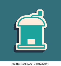 Green Manual coffee grinder icon isolated on green background. Long shadow style. Vector
