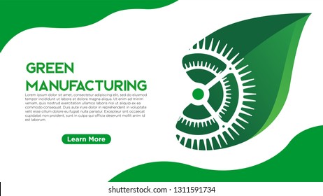 green manufacturing concept simple greeen leaf with gear wheel negative space  vibrant green and white background with long shadow perfect for presentation and web banner illustration