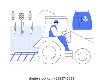 Ilustración vectorial de concepto abstracto. El joven agricultor en tractores fertiliza el suelo, la agroecología, la agricultura sostenible, la metáfora abstracta del proceso de estiramiento verde.