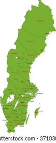 Green map of administrative divisions of Sweden with capital cities
