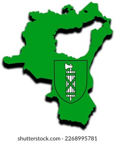 Mapa verde con borde del cantón suizo St. Gallen combinado con escudo de armas con hacha y tablas de madera y efecto 3d. Ilustración hecha el 1 de marzo de 2023, Zurich, Suiza.