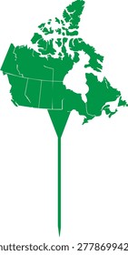 Green map of canada with pin pointer pointing downward