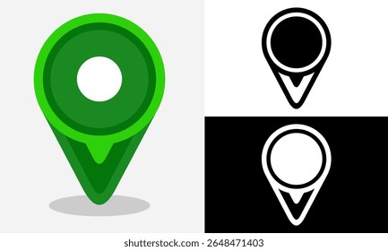 Pino de Localização do Mapa Verde. Mapeie ícones em verde com versões preenchidas, de estrutura de tópicos e monocromáticas. Ideal para aplicativos móveis, mapas, interface de usuário, guias de viagem ou gráficos de navegação.