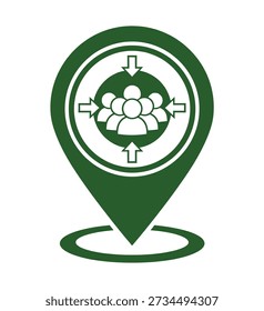 A green map marker icon with a group of people inside a circle with arrows pointing inwards, symbolizing a meeting point or gathering.