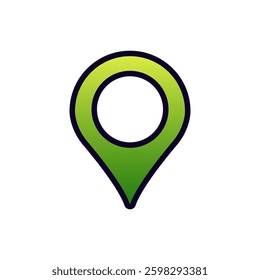 A green map pin icon with a bold black outline, often used in digital maps and navigation tools.