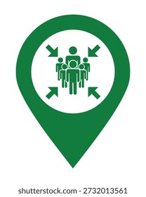Ein grünes Kartensymbol mit einer Gruppe von Personen und Pfeilen, die nach innen zeigen und einen Treffpunkt oder Montagebereich symbolisieren.