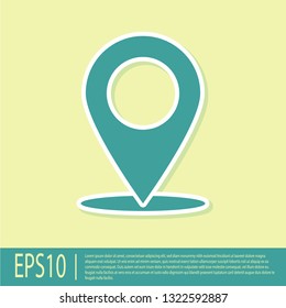 Green Map pin icon isolated on yellow background. Pointer symbol. Location sign. Navigation map, gps, direction, place, compass, contact, search concept. Flat design. Vector Illustration