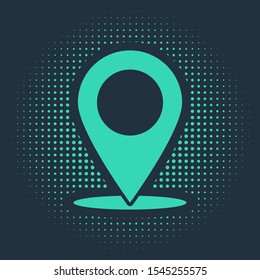 Green Map pin icon isolated on blue background. Navigation, pointer, location, map, gps, direction, place, compass, contact, search concept. Abstract circle random dots. Vector Illustration