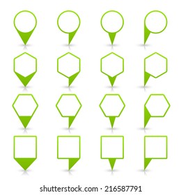 Green map pin icon location sign with gray reflection and shadow isolated on white background  in flat simple style. This web design element save in vector illustration 8 eps