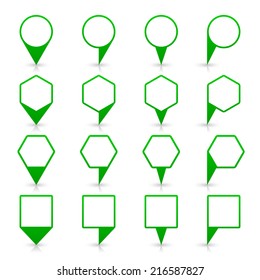 Green map pin icon location sign with gray reflection and shadow isolated on white background  in flat simple style. This web design element save in vector illustration 8 eps