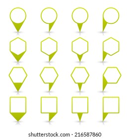 Green map pin icon location sign with gray reflection and shadow isolated on white background  in flat simple style. This web design element save in vector illustration 8 eps