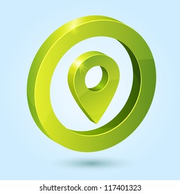Green map pin symbol isolated on blue background. This vector icon is fully editable.