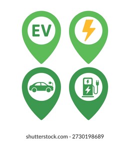 Green map pins display ev charging symbols for electric vehicle stations