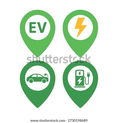 Green map pins display ev charging symbols for electric vehicle stations