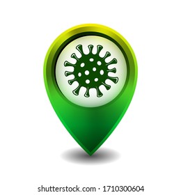 Green map point with coronavirus. Virus transmission or related virus location. Vector logo template.