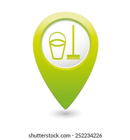 Green map pointer with bucket and mop for cleaning icon. Vector illustration isolated on white background