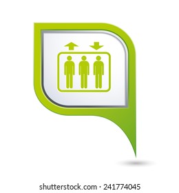 Green map pointer with elevator icon. Vector illustration