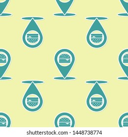 Green Map pointer with fast food burger icon isolated seamless pattern on yellow background. Vector Illustration