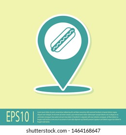 Green Map pointer with fast food hotdog icon isolated on yellow background. Sausage icon. Vector Illustration
