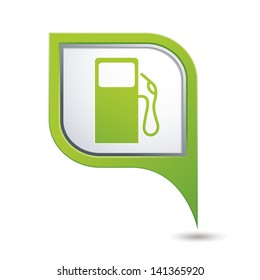 Green map pointer with gas station icon.