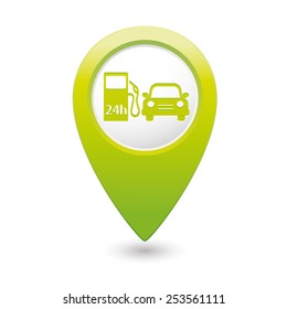 Green map pointer with gas station icon. Vector illustration